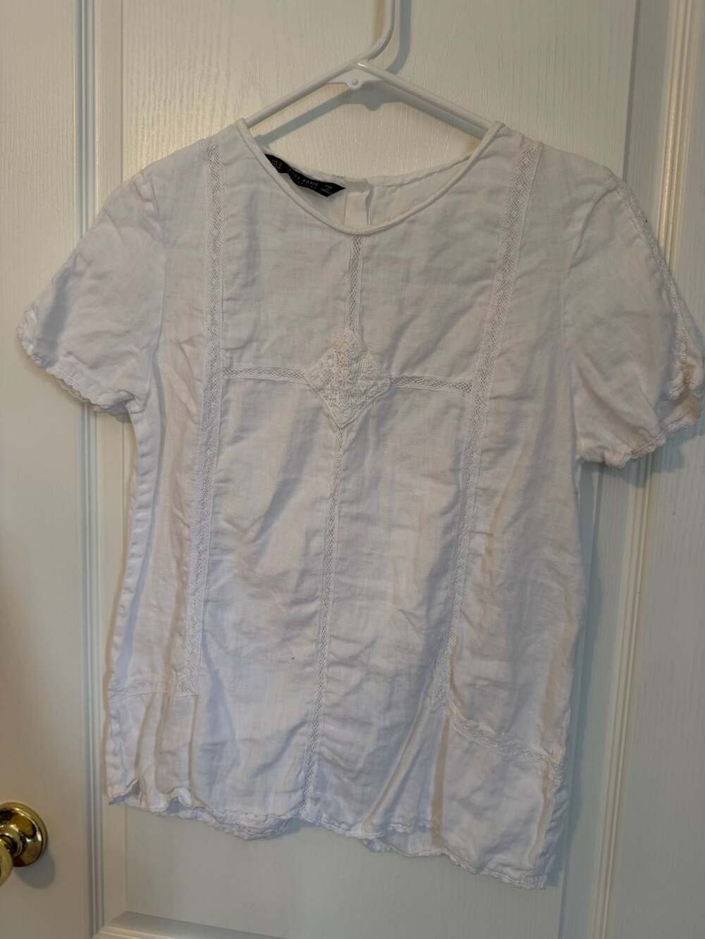 Zara Basic Collection White Short Sleeve Lace Trim Blouse Size M